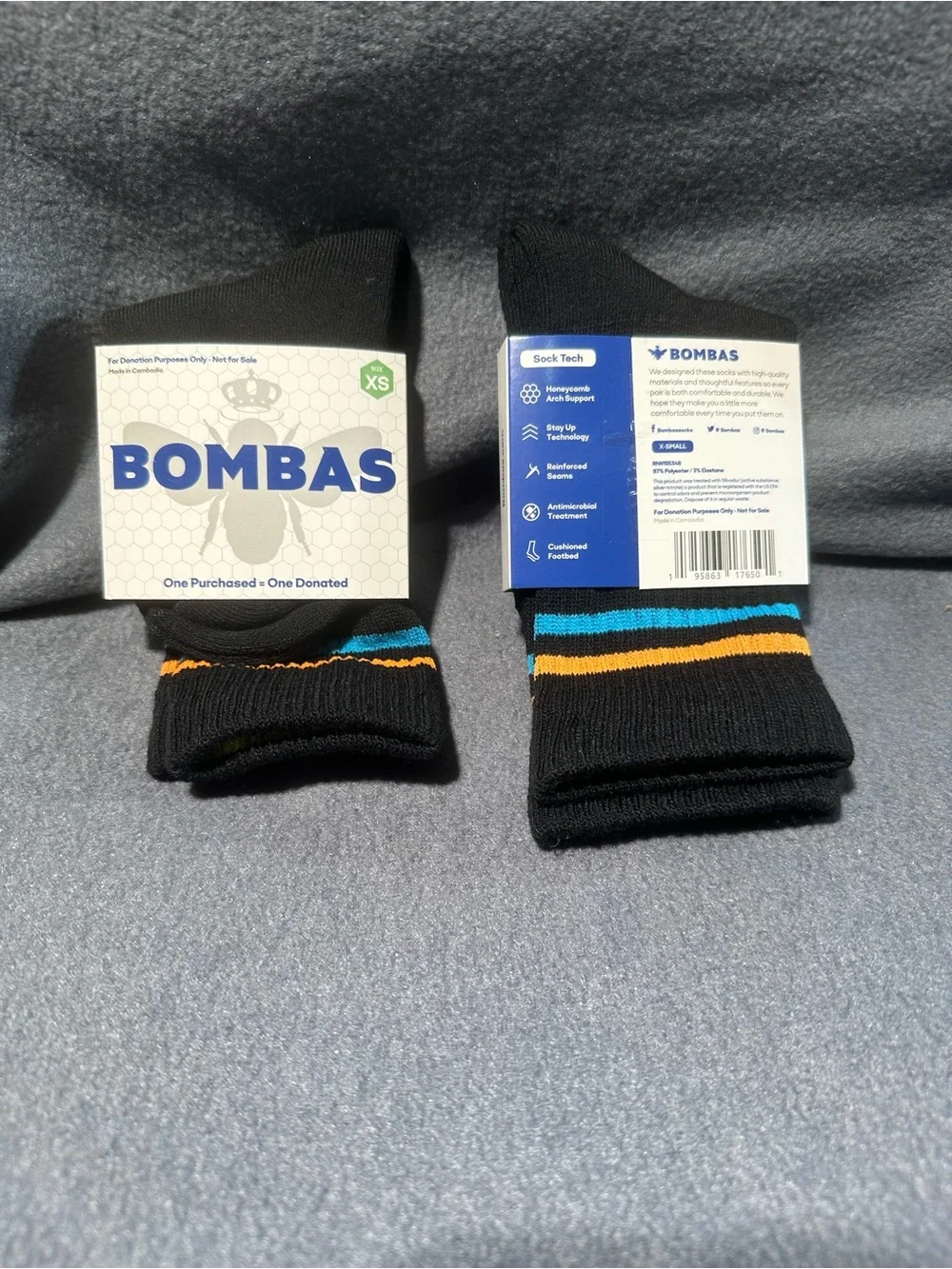 Bombas Black Crew Socks with Blue and Orange Stripe Accents